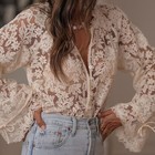 V Neck Long Sleeve Lace Blouse For Women Hollow Out Loose Fit Casual Top