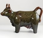 Large Vintage Pottery Sculpture Green   Brown Drip Glazed Ceramic Cow