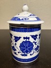 Chinese Porcelain Coffee Tea Mug With Lid Blue White Flowers Hand Painted