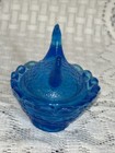 Glass Hen On Nest Mini Blue Covered Basket Weave Salt Cellar
