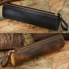 Handmade Cowhide Leather Pen Pouch Zipper Pencil Case Stationery Classic Storage