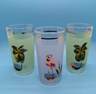 3 Vtg 1950s Mcm Miami Pink Flamingo Palm Tree Frosted Painted Gold Rim Glasses