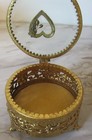 Vtg Heart Gold Filigree Ormolu Trinket Jewelry Box Round Casket Beveled Glass
