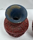 Pair Of 2 Vintage Chinese Style Red Cinnabar Carved Floral Vase Blue Interior 4   