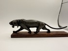 Vintage Hand Carved Horn Snarling Tiger Panther Sculpture Wood Base 8 