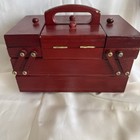 Wooden Sewing Box Tabletop Accordion Fold Out 7 Compartments   Handle Vintage