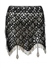 Black Beaded Belly Dance Hip Scarf Wrap Skirt Top Silver Fringe Triangle