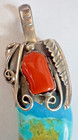 Sterling 2 3 4  Unusual Carved Turquoise Stone Pendent With Applied Silver Ad On