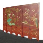 Antique Oriental Asian Red Coromandel Six Panel Folding Screen Birds In Garden