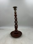 Antique English Oak Wood Candlestick Holders Brass Open Barley Twist