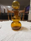Vtg Mid-century Modern Amber Bubble Glass Decanter Bottle With Ball Stopper 9 5   