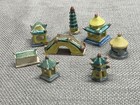 Chinese Pagoda Miniature Ceramic Buildings Set Of 7 Mini Pieces Vintage See Pics