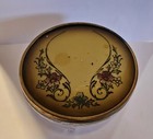 Vintage Art Deco Ribbed Glass Vanity Jar Powder Jar Trinket Box Floral Metal Lid