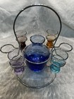 Vintage Hand Blown Glass Bar Set With Decanter 4 Shot Glasses And Metal Carrier