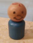 Vintage Fisher Price Little People Wooden Boy Blue Straight Body Smile Red Hair