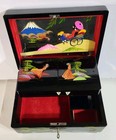 Vintage Crestline Japan Music Jewelry Box Black Lacquered Painted Mirror Locking