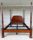Chinese Chippendale Banded Mahogany Queen Size Reeded Poster Tester Bed