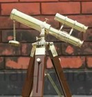 Vintage Brass Nautical Telescope On Wooden Tripod Stand  Antique Marine Spyglass