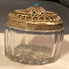 Vtg 1940 Glass Dresser powder trinket Jar-brass Lid W blue Accent-3 5  X 4 -vguc