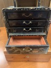 Vintage Small Japan Hand Painted Jewelry Dresser With Shell Inlay  Black Lacquer