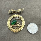 Vintage Art Deco Brooch Pin Gold Tone Green Main Stone Bow