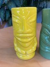 Vintage Pair Of Tiki Mugs Set 2 Green   Yellow 6    Tall Nice Shape Polynesian