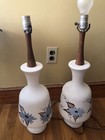 Pair Vintage Mid Century Teak Ceramic Textured Floral Table Lamps Signed