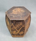 Antique Pyrography Hand Carved Tobacco Leaves Pipes Wood Hexagonal Box Jar
