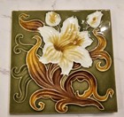 Pair 2 Antique Majolica Ceramic 6  Fireplace Tiles Lily Art Nouveau England