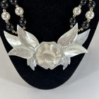 Vtg Lee Sands Carved Mother Of Pearl - Floral   Beaded Statement 22    Necklace