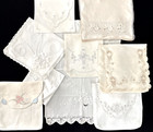 Vtg Lot 9 Linens Handkerchief Holders Keepers Embroidered Crochet Bridal Pillows