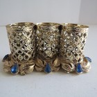 Vintage Brass Vanity 3 Lipstick Holder With Five Blue Pear Shape Rhinestones