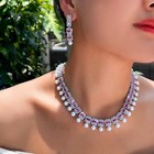 Hot Pink Cz Long Pearl Dangle Drop Necklace Earrings Silver Plated Jewelry Set
