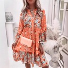 Womens Floral Boho V Neck Loose Dress Ladies Long Sleeve Summer Holiday Sundress