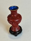 Chinese Carved Cinnabar Lacquer Vase Blue Enamel W rosewood Stand 1960s Vtg 5 
