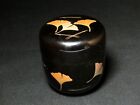 Japanese Tea Caddy Lacquered Wooden Natsume Vintage Gold Ginkgo   Pine Leaf