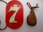 4 Vtg Collectible Keychains   Fobs Seagram s  Swift s Ham  Case Tractor  A Bank