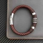 Fashion Vintage Brown Pu Leather Mens Bracelet Multilayer Stainless Steel Bangle