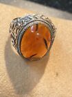 Very Old Antique Vintage Art Deco Sterling Silver Chinese Amber Ring 1900-1949