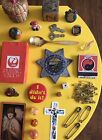Vtg Junk Drawer Smalls Lot advertising pins keys marbles cards buttons 45  Items