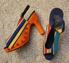 Vintage 1960s 70s Wooden Soled  Striped Heels  Slingback Platform Shoes