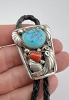 Vtg Billie Eagle Navajo Sterling Silver Turquoise   Red Coral Stamped Bolo Tie