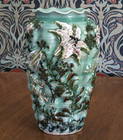 Japanese Seto Porcelain Celadon Flowers Ceramic Vase Antique Meiji Kato Shunka      