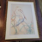 Original Louise Freshman Brown 1986 Framed Glass Blue Heron   Pelican Pencil Art