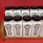 Vintage Griffith   s Milk Glass Spice Jars Set Of 16 With Rack Black Lids