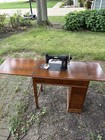 Antique Original Treadle Sewing Machine W  Wooden Cabinet  Fold-out Top  Drawers