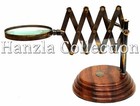 Vintage Desk Top Chainner Magnifying Glass On Wood Base Antique Brass Magnifier