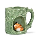 Fox Nestled In Alcove Tree Green Mug Cup Stoneware Woodland Lodge Decor