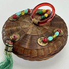 Antique Chinese Woven Sewing Basket 7  Coins Glass Bead Tassel Amber Ring Signed