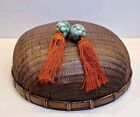 Antique Chinese Wicker Woven Sewing Basket Agate Beads Tassels Coin Brown 12   